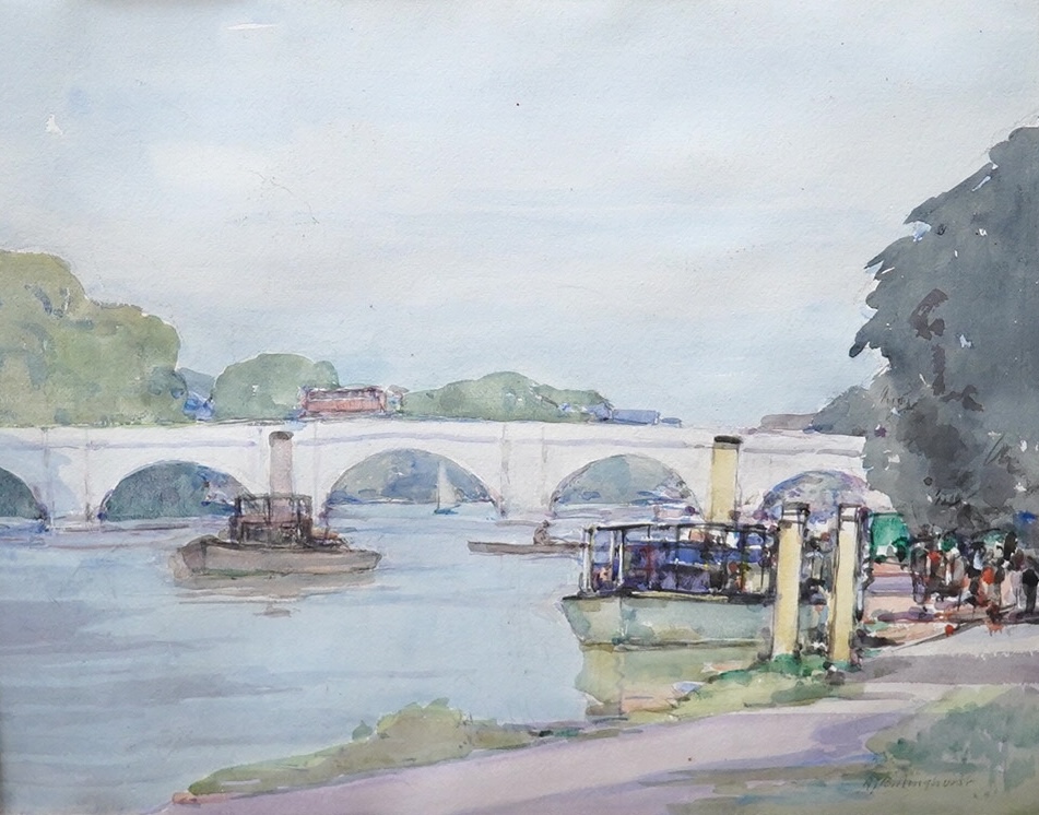 Alfred John Billinghurst (b.1880), watercolour, Riverscape with boats and bridge, signed, 36 x 45cm. Condition - poor to fair